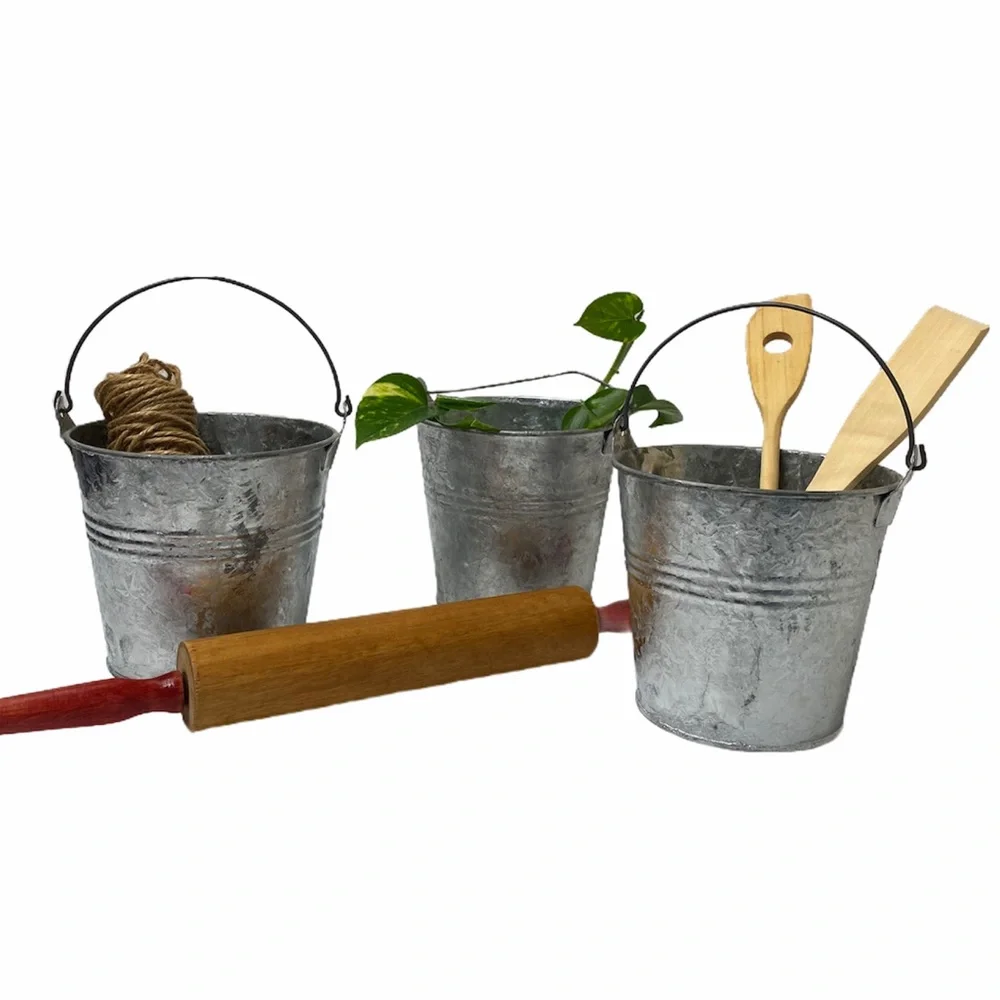 Vintage Buckets Galvanized Tin French Cottage Rustic Farmhouse Decor Set of 3